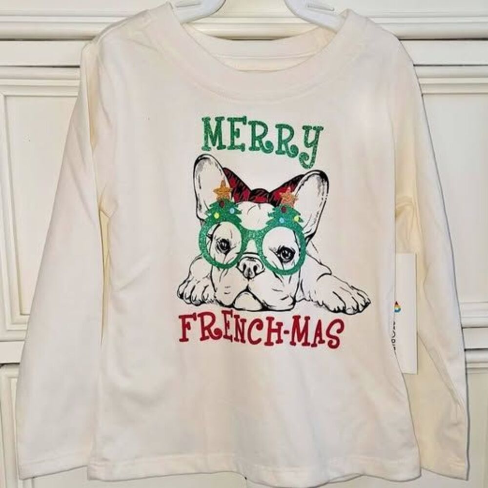 Girls Holiday Long Sleeve Shirt Merry French-Mas features French Bulldog 4 New